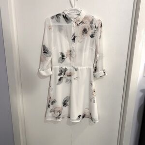 Dynamite White Floral 3/4 Sleeves Feminist A Line Skirt Above Knee Dress Size XS